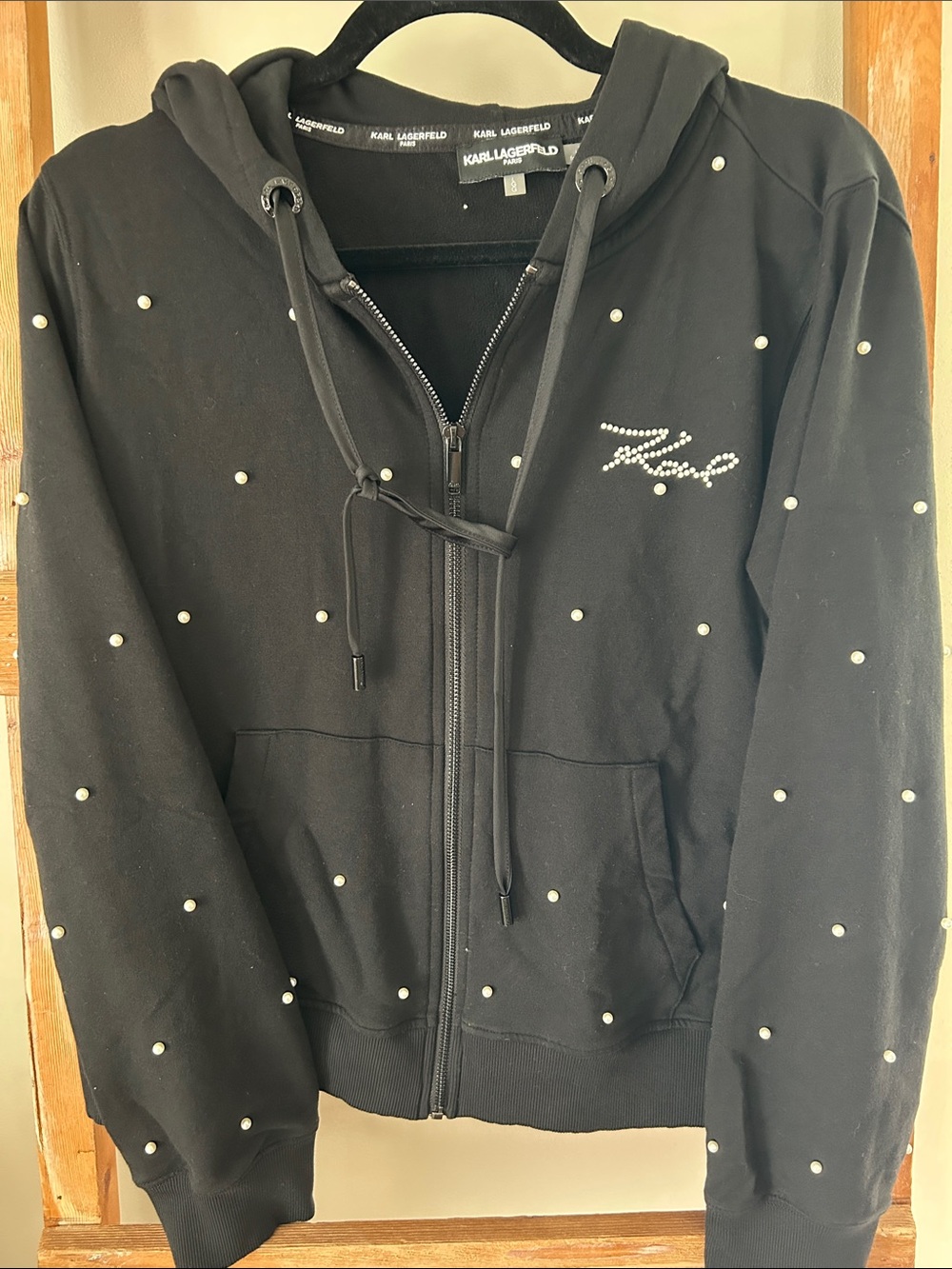 Karl Lagerfeld Black Zip Hoodie with Rhinestone Logo and Pearls